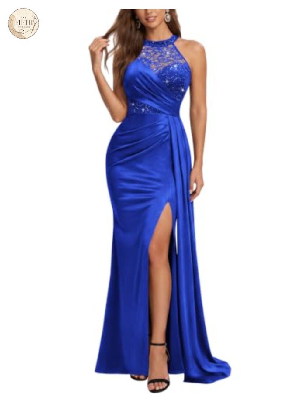 Sexy Halter Sequin Lace Satin A-Line Maxi Evening Party Dress